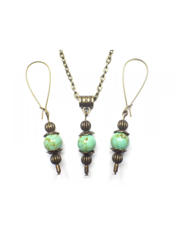 Vintage style necklace and earrings jewelry set for women in blue  reconstituted turquoise